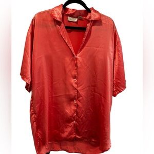 Victorias Secret Satin Sleep Shirt Top Short Sleeve Button Up Coral P/S‎